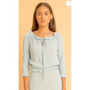 Saint Mojavi Womens Light Blue Linen Blend Ruffle Off Shoulder Peasant Top S NEW